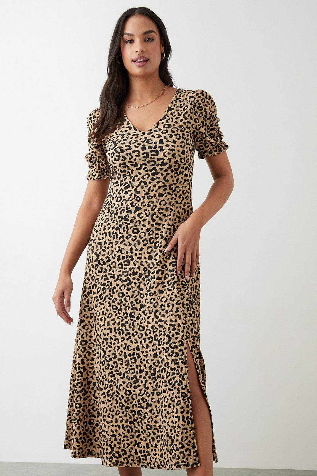 Leopard Print Short Sleeve Midi Dress image number 1