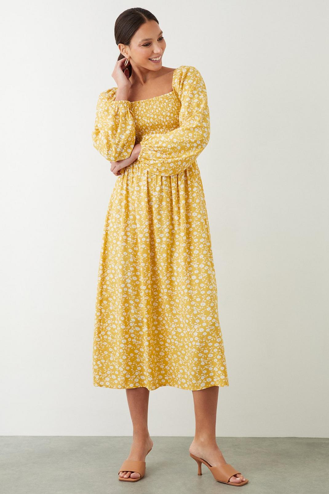 Yellow Ditsy Shirred Bodice Midi Dress image number 1