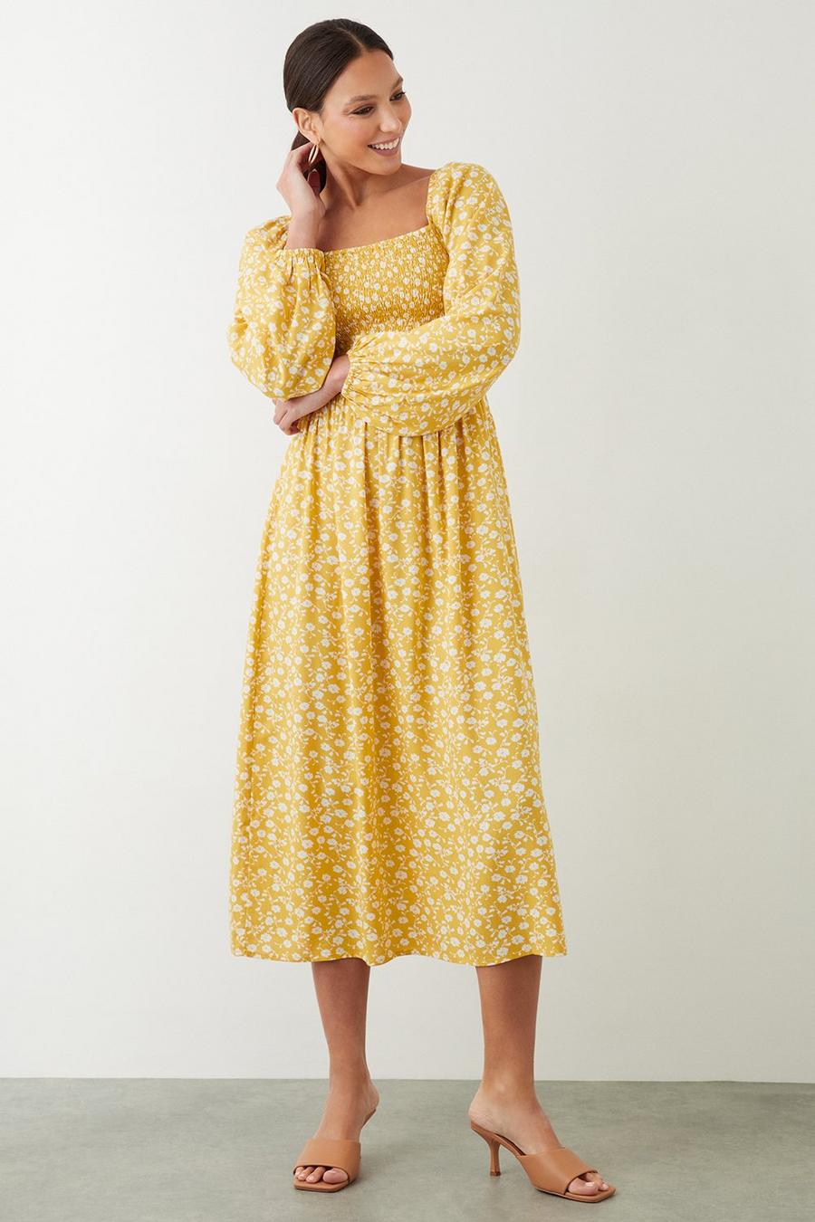Yellow Ditsy Shirred Bodice Midi Dress