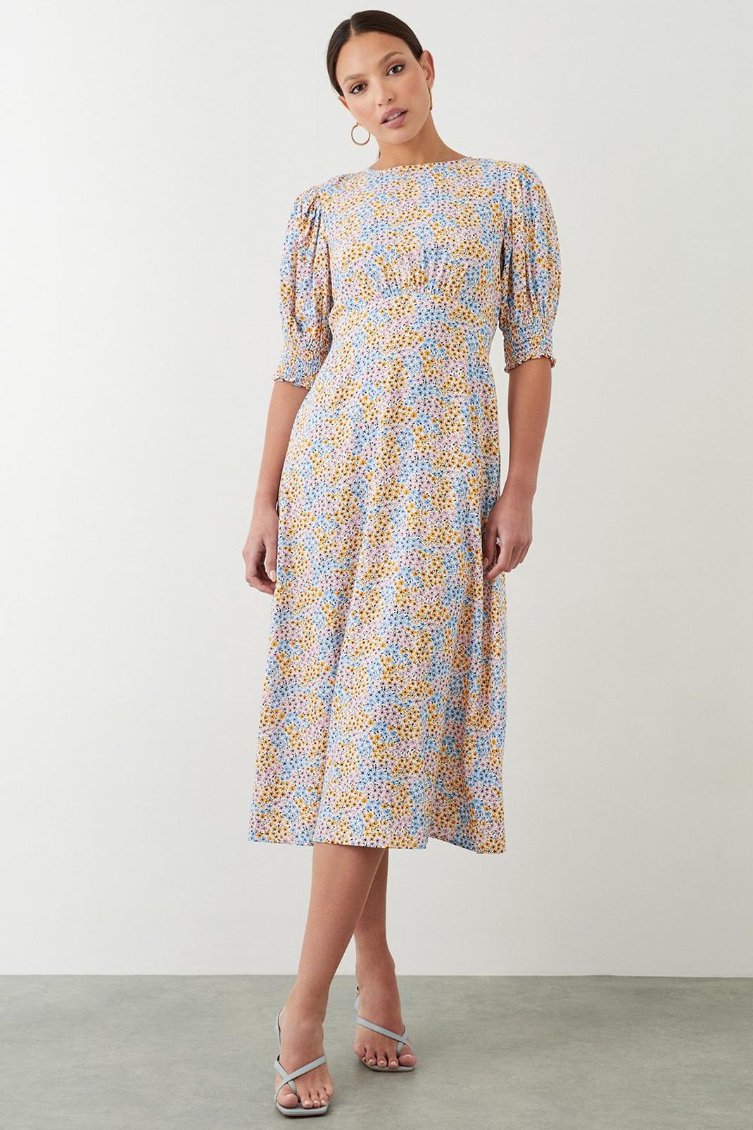 Multi Ditsy Floral Shirred Cuff Midi Dress image number 1
