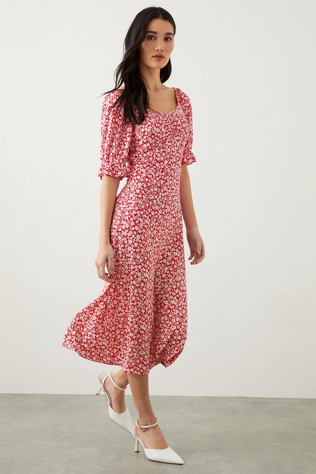 Petite Red Ditsy Sweetheart Midi Dress image number 1