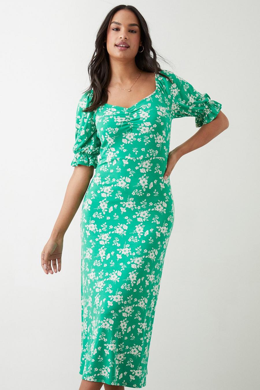 Green Floral Sweetheart Neck Midi Dress 