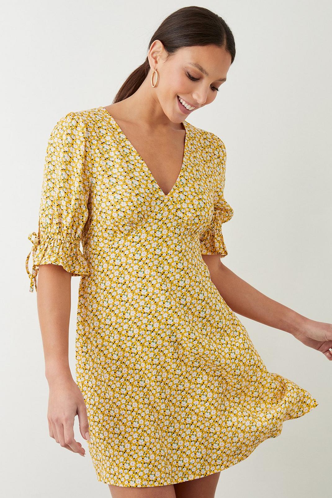 Yellow Ditsy Tie Sleeve Mini Dress image number 1