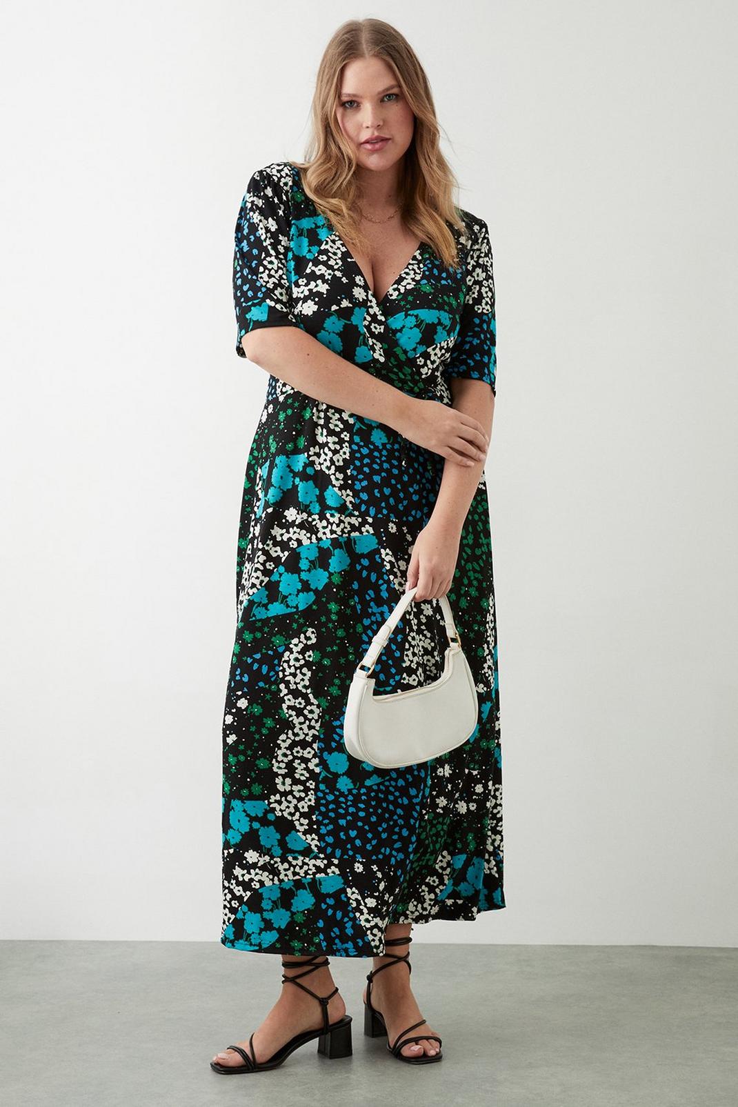 Curve Blue Floral Mix And Match Wrap Midi Dress image number 1