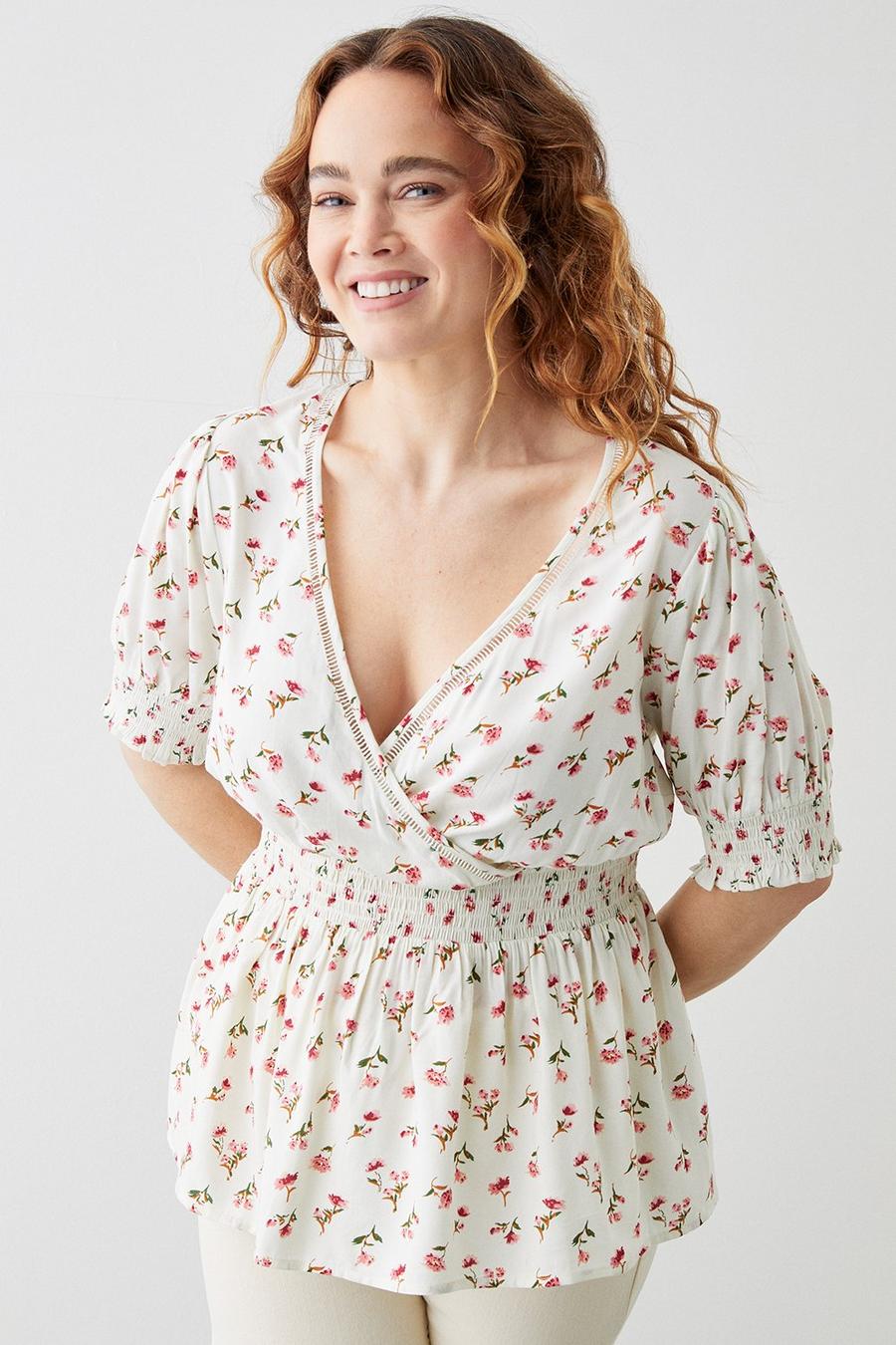 Curve Pink Ditsy Floral Wrap Front Blouse