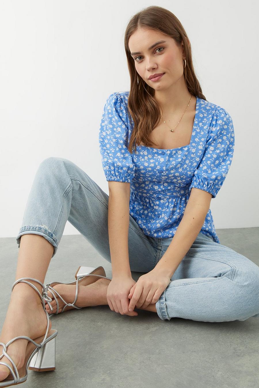 Milly Blue Floral Square Neck Blouse