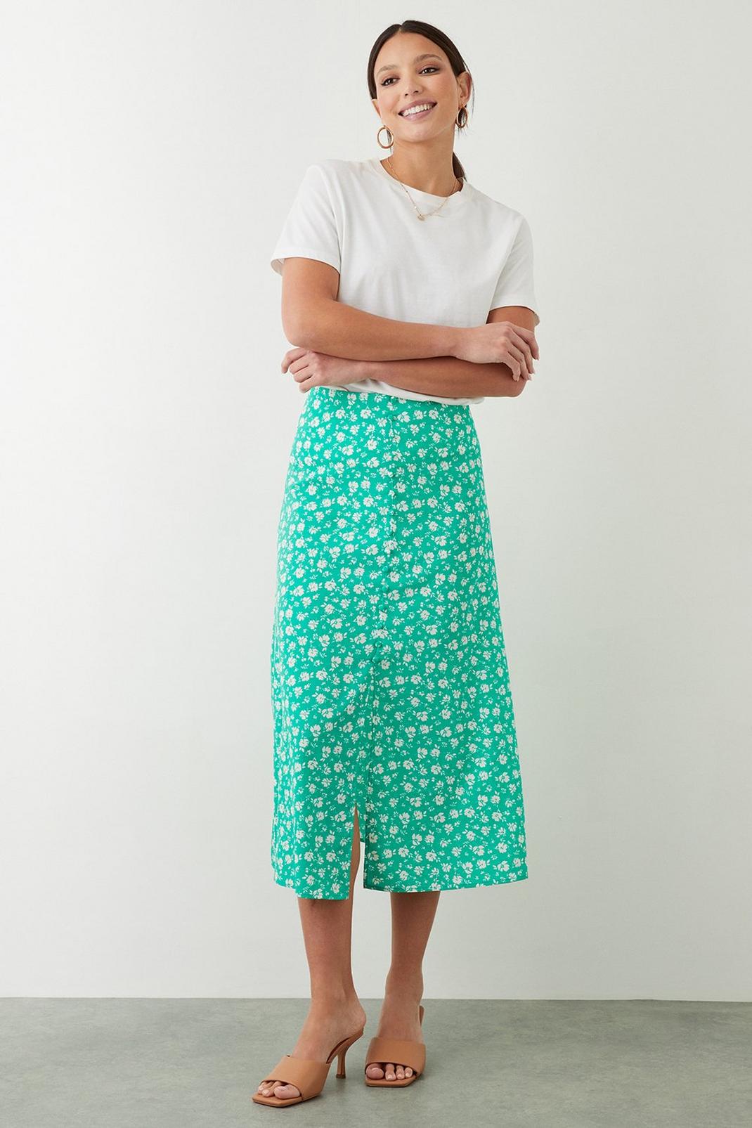 Green Ditsy Button Through Midi Skirt image number 1