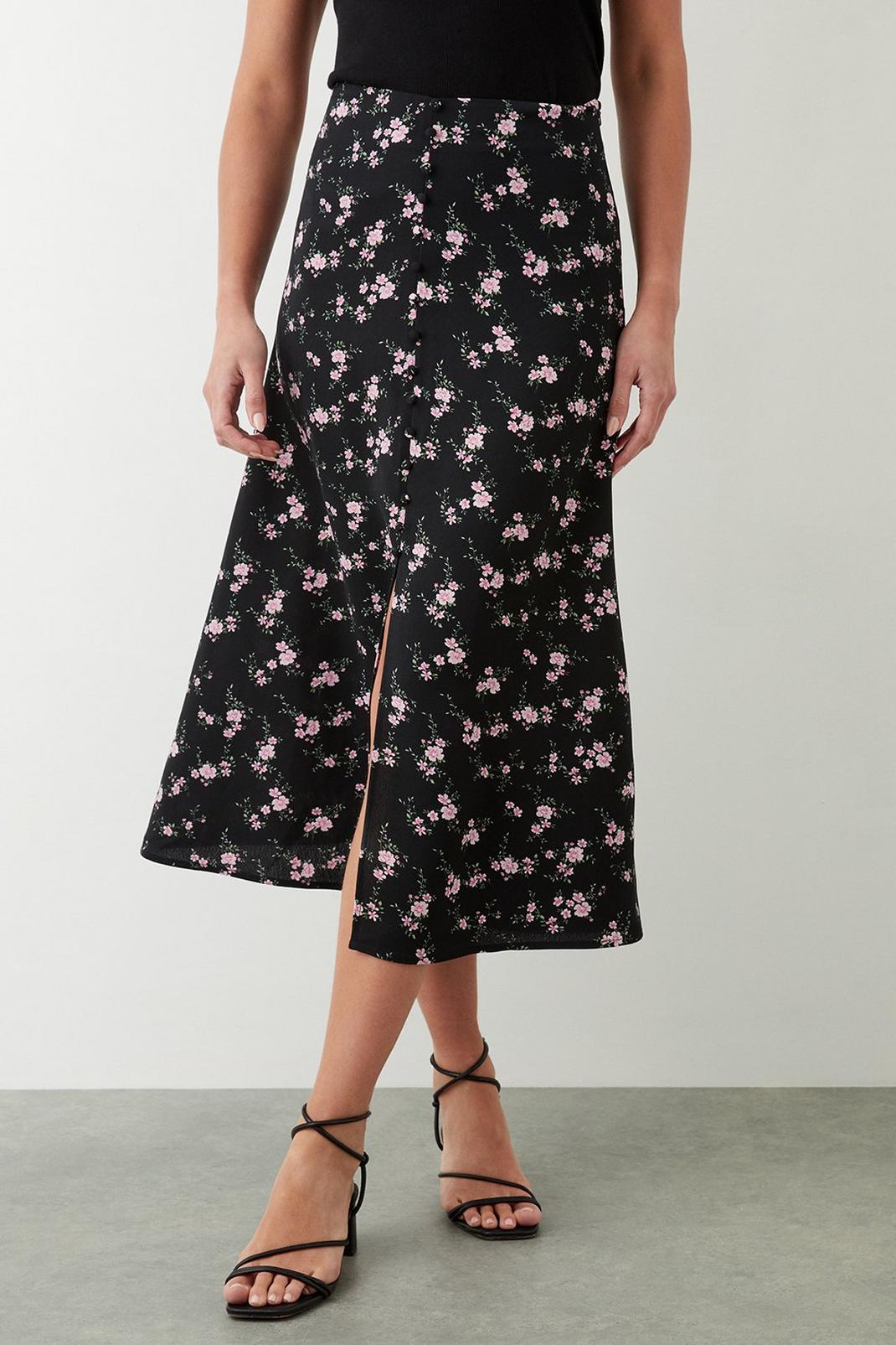 Black Ditsy Floral Button Through Midi Skirt image number 1