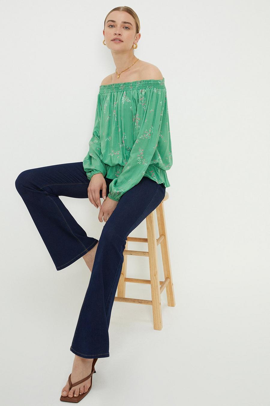 Green Floral Shirred Bardot Top