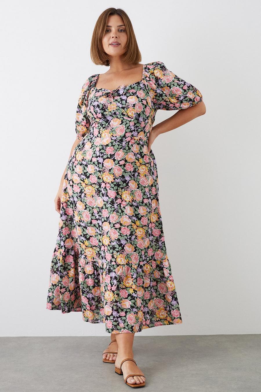 Curve Black Floral Tie Front Tiered Maxi Dress