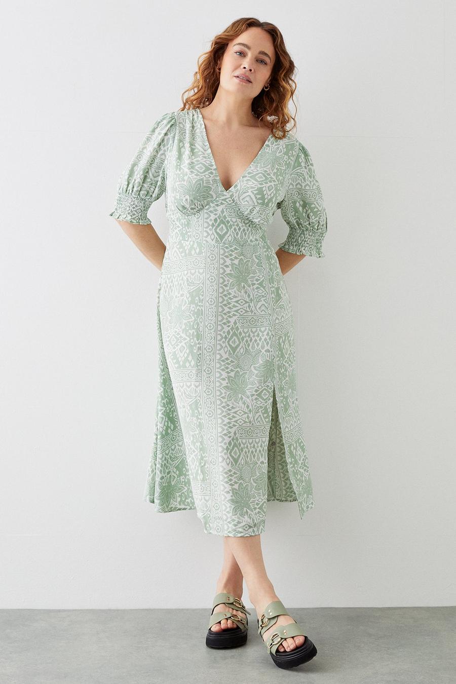 Curve Green Tile Shirred Cuff Midi Dress