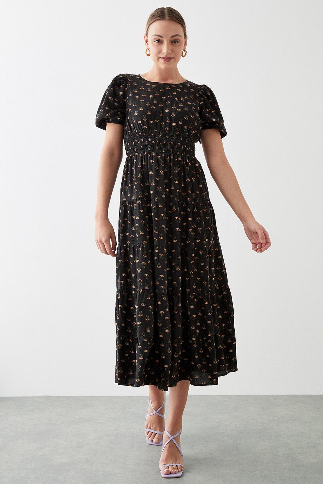 Black Printed Tiered Shirred Waist Midi Dress image number 1