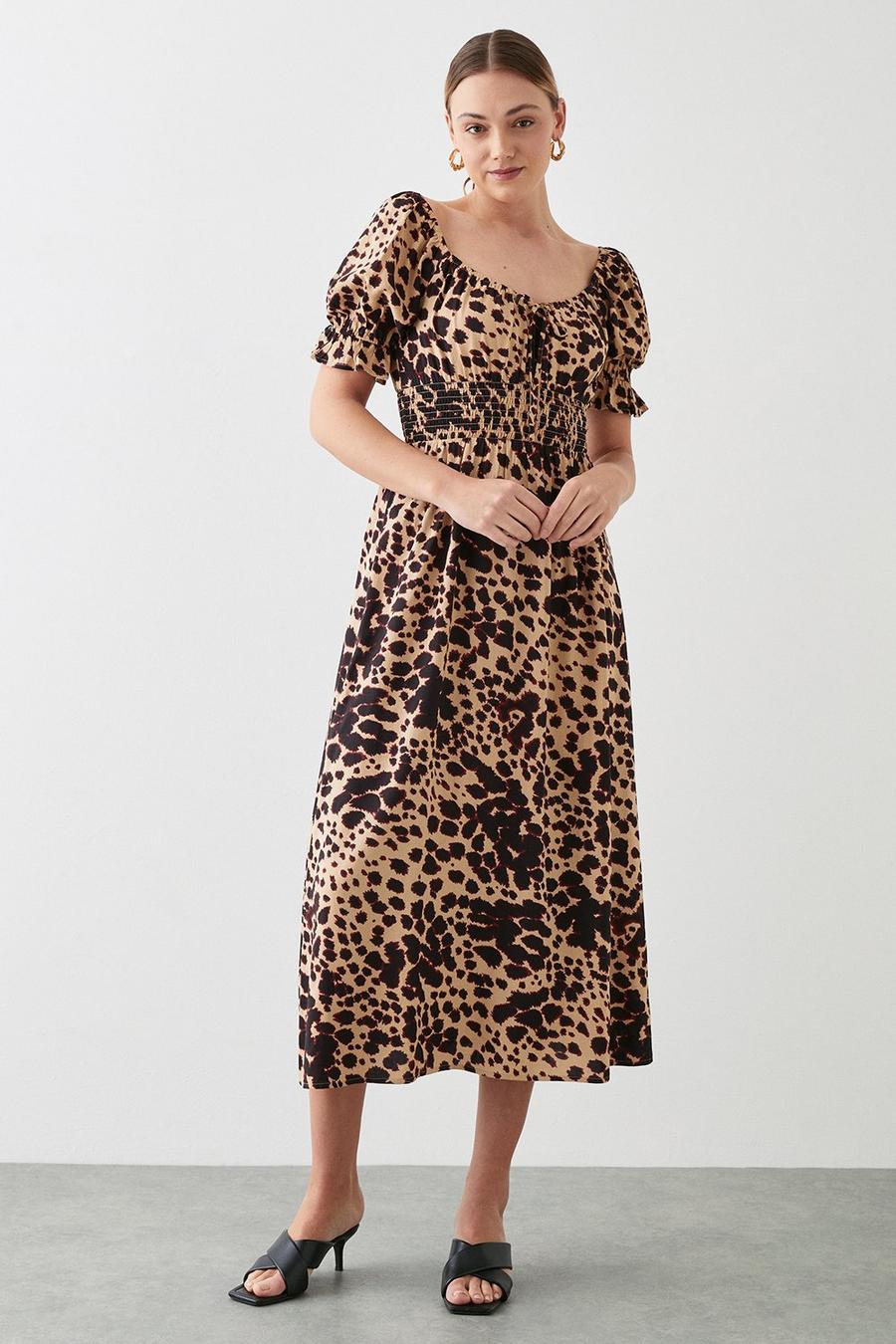 Animal Printed Shirred Waist Midi Dress