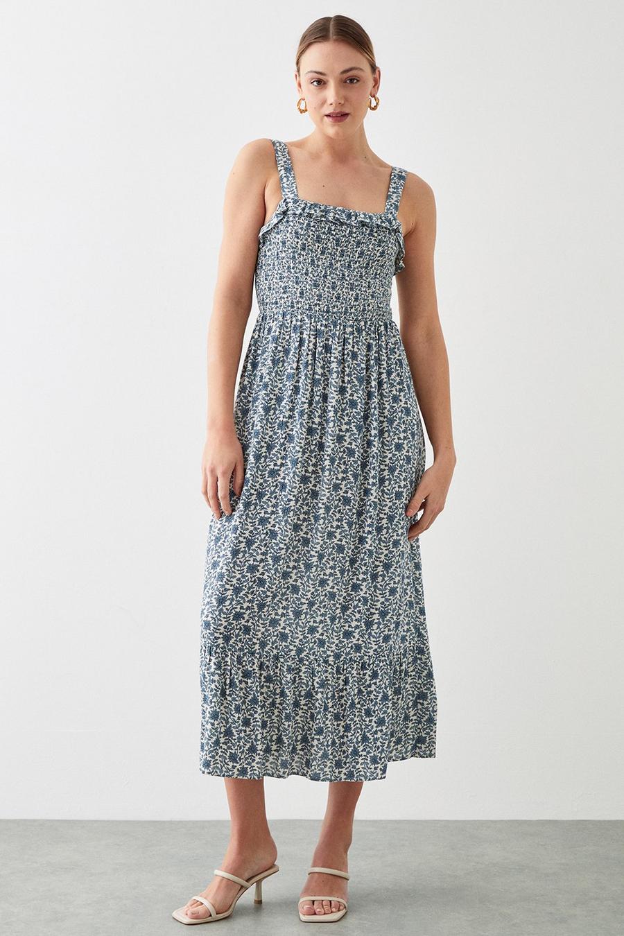 Blue Ditsy Floral Shirred Tiered Midi Dress