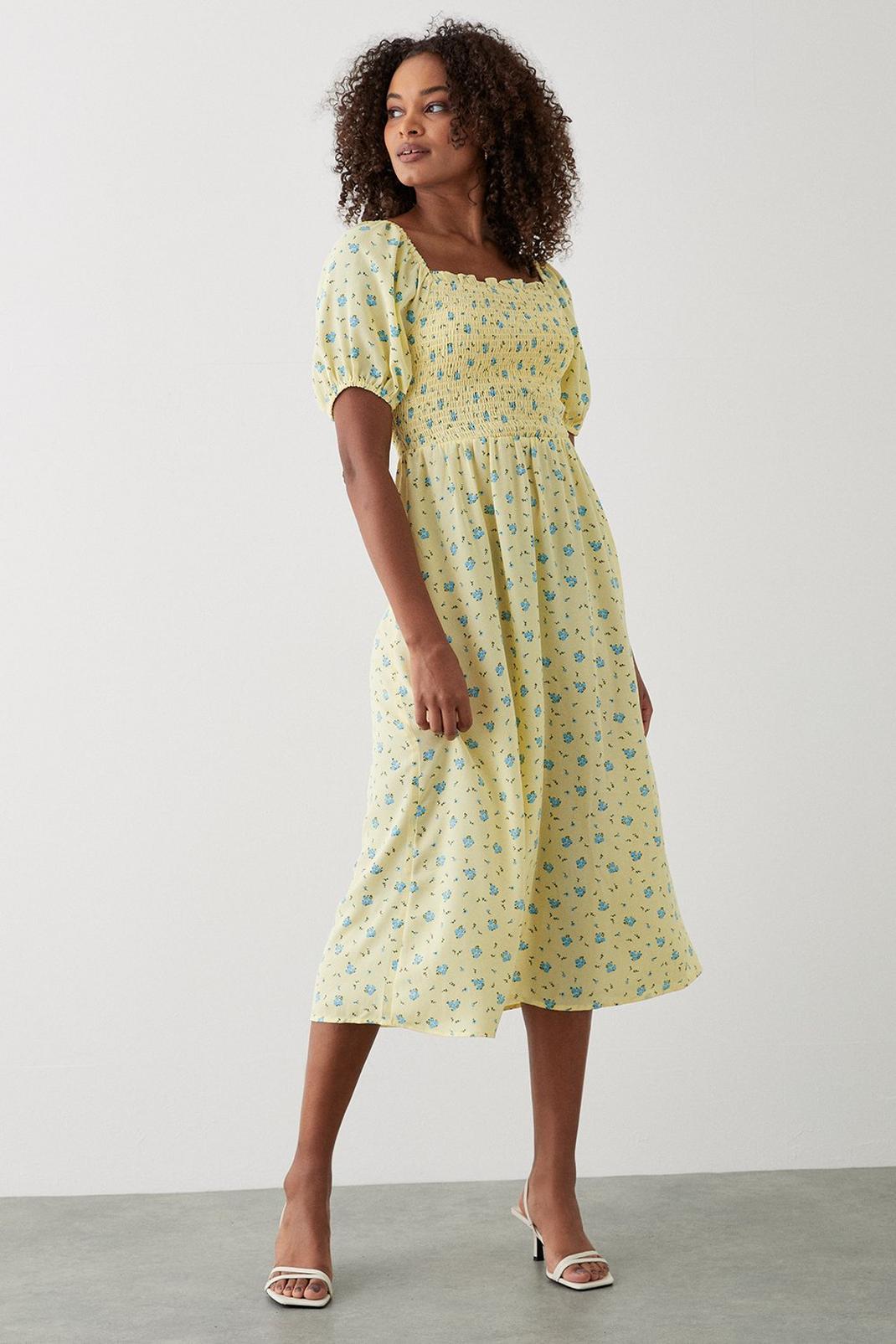 Yellow Ditsy Floral Shirred Midi Dress image number 1