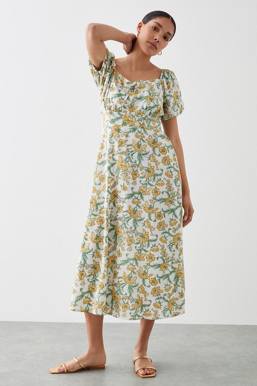 Yellow Floral Tie Front Midi Dress