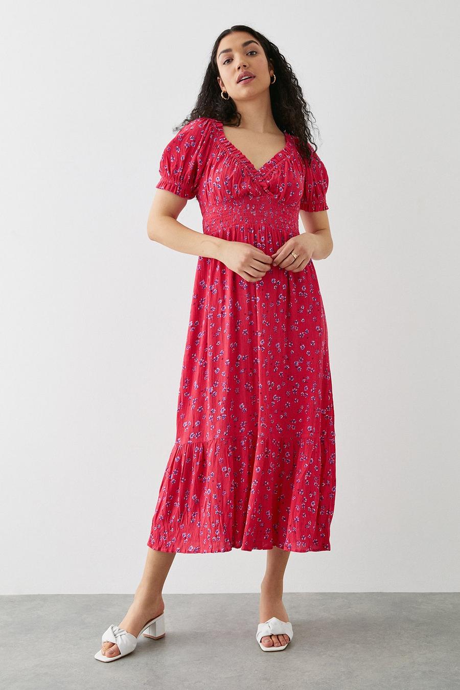 Red Floral Shirred Waist Midi Dress