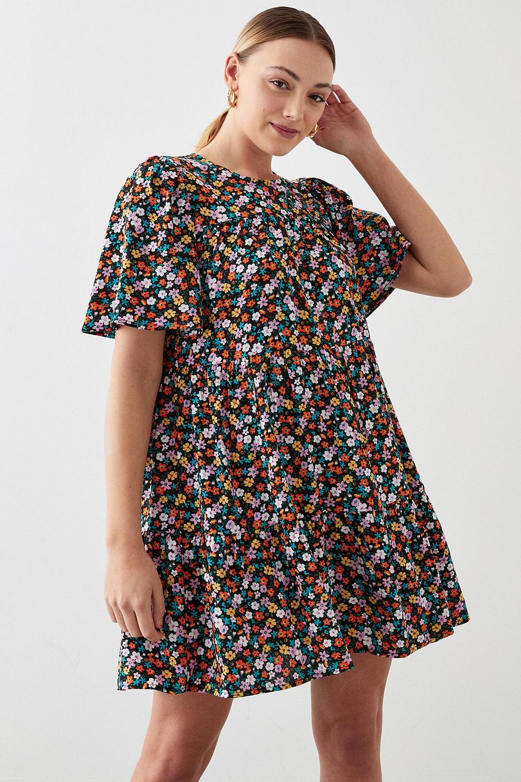 Multi Ditsy Tiered Smock Mini Dress image number 1