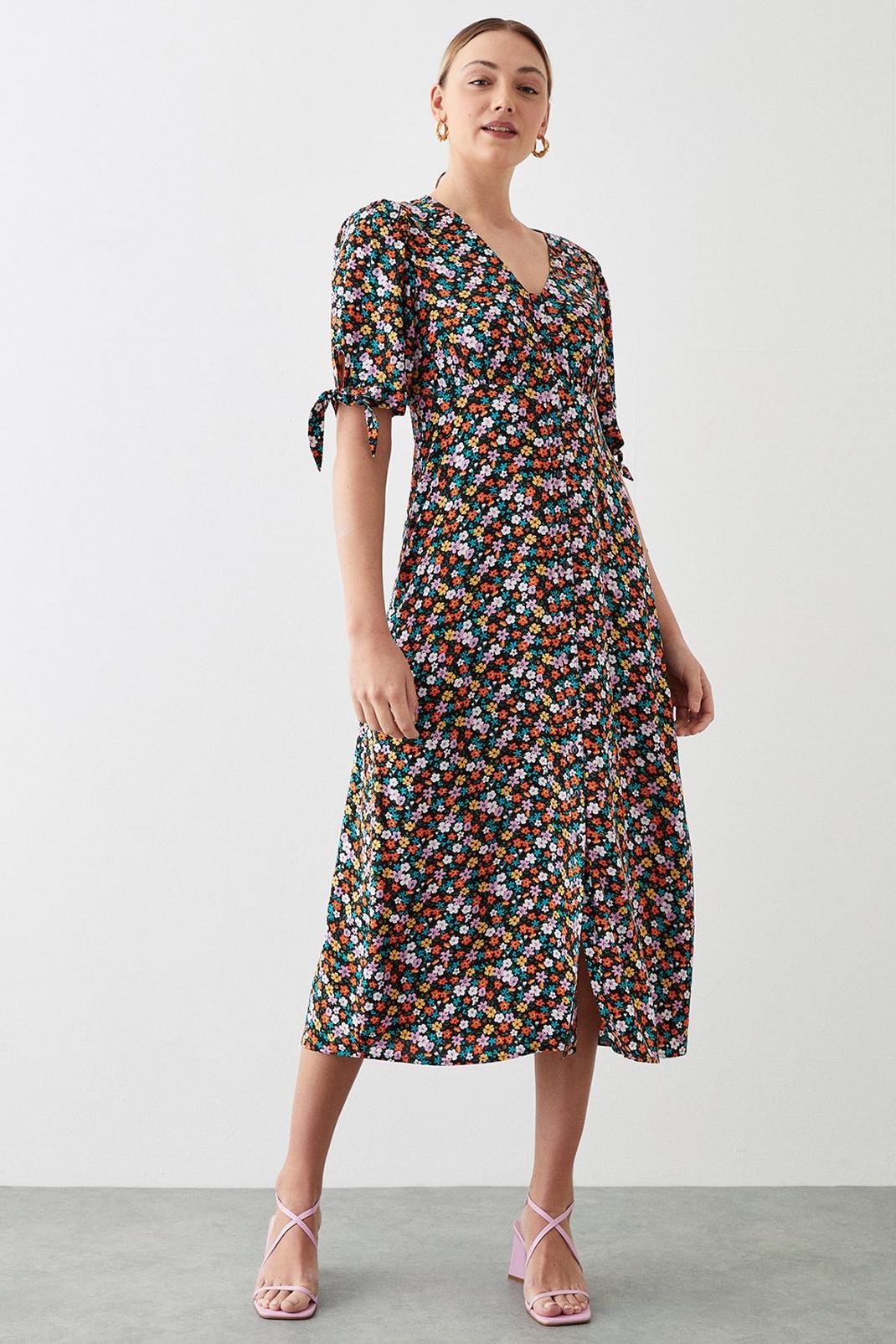 Multi Ditsy Button Through Midi Dress image number 1