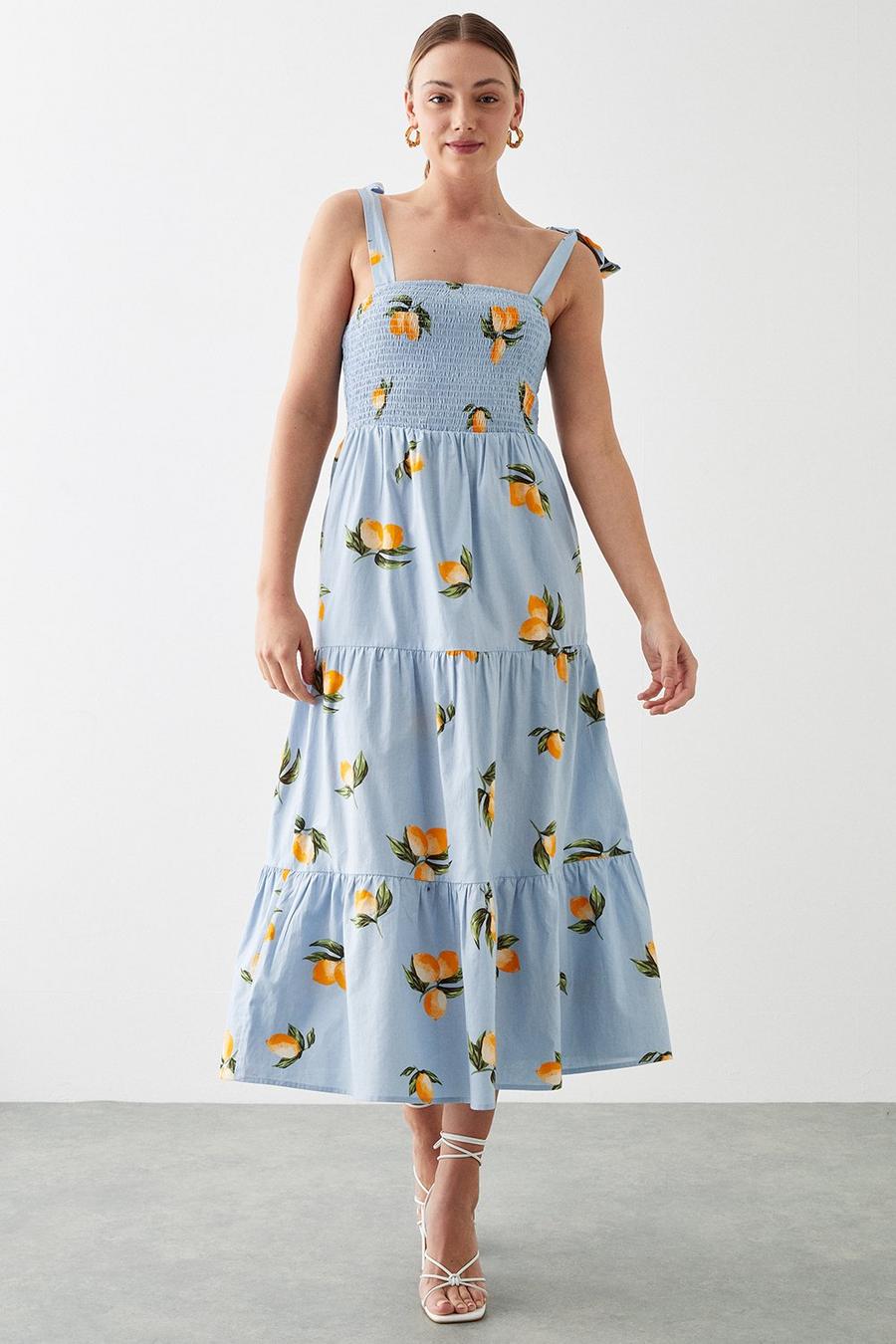 Lemon Shirred Tie Strap Midi Dress