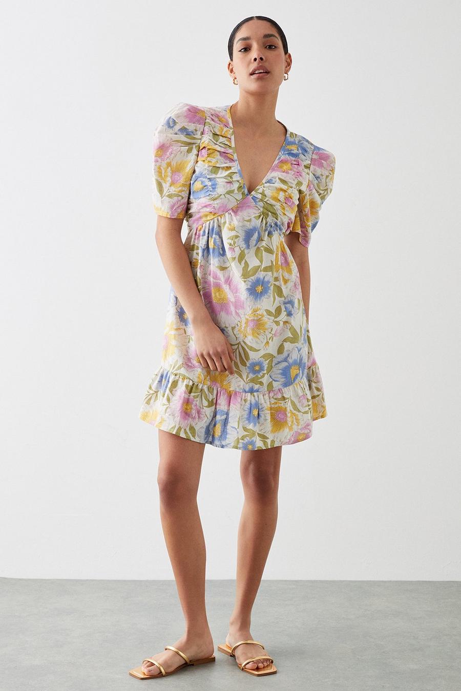 Large Floral Ruched Tie Mini Dress