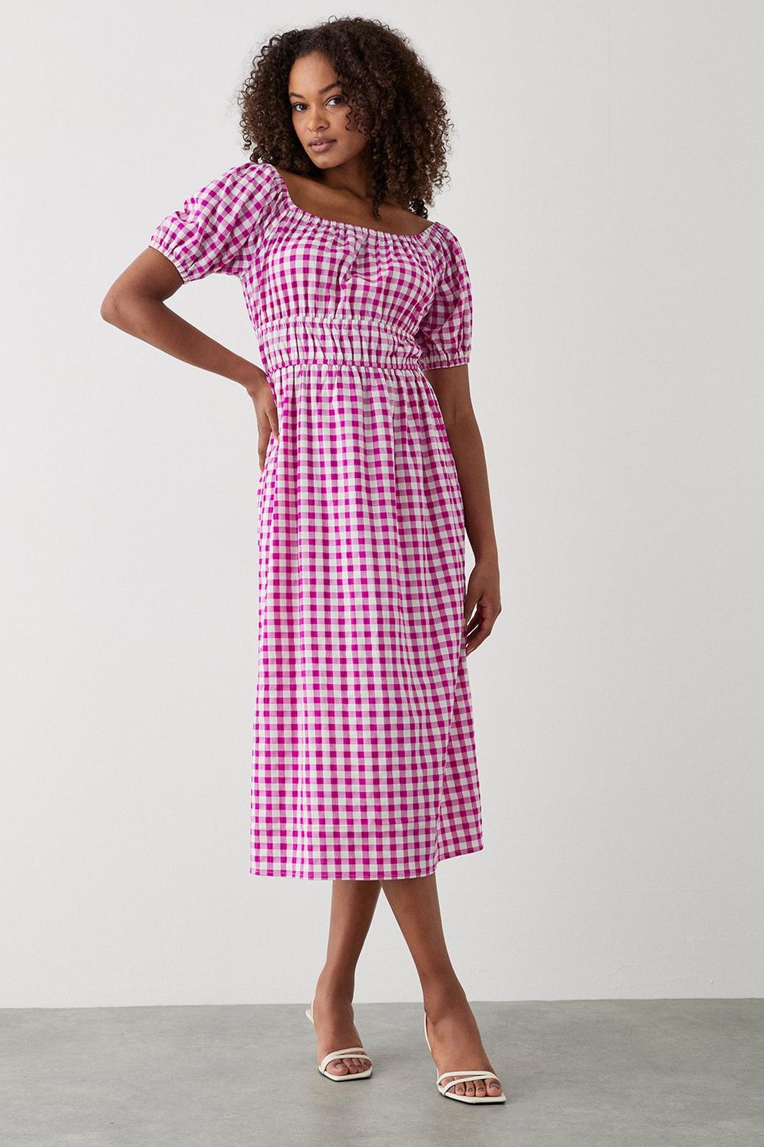 Pink Gingham Bardot Midi Dress image number 1