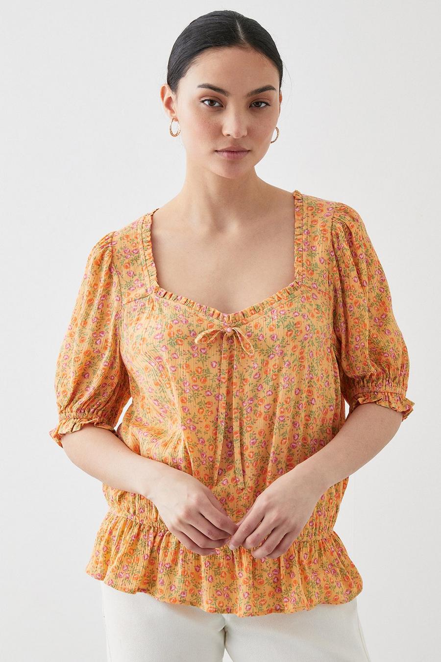 Petite Yellow Ditsy Crinkle Square Neck Blouse