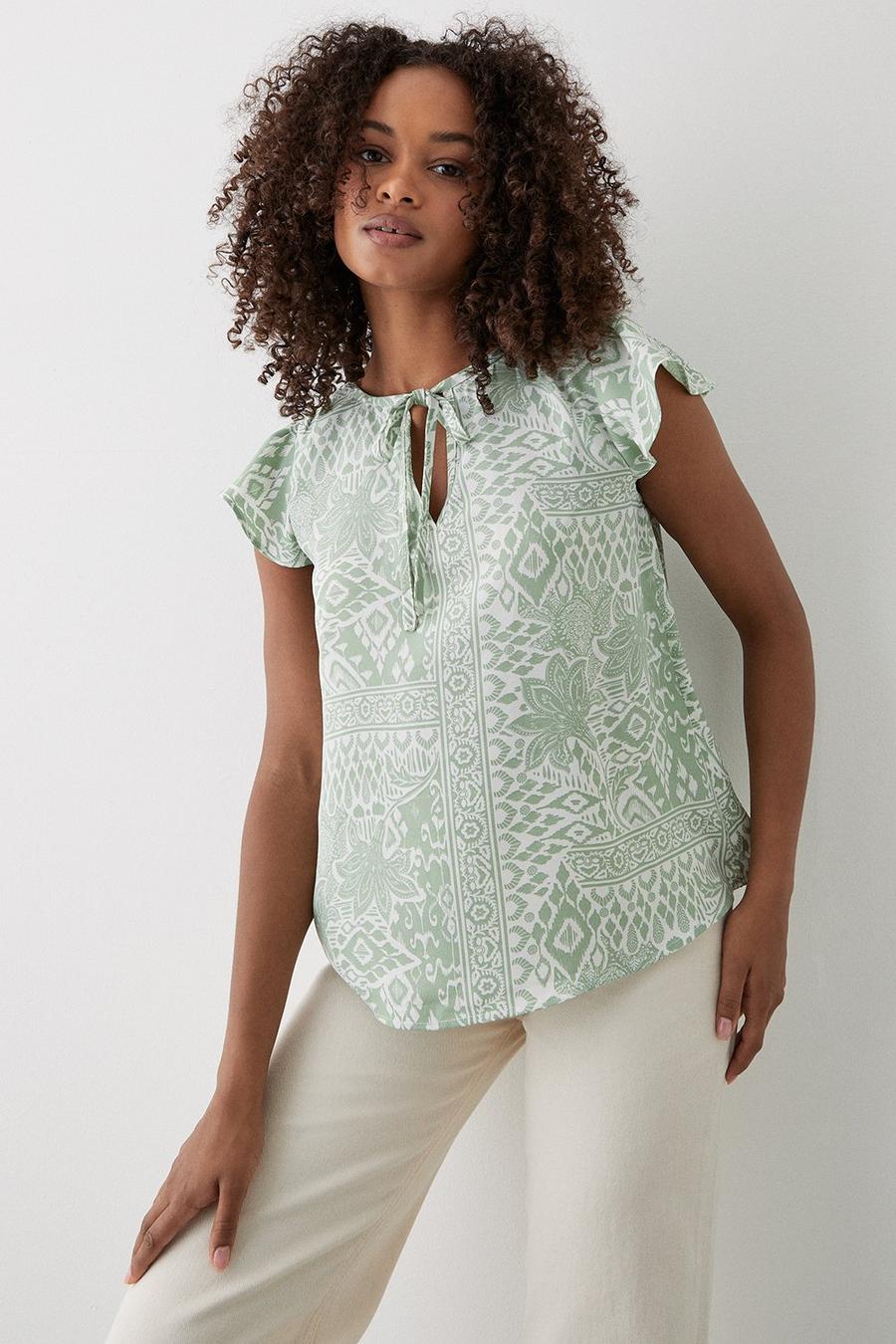 Green Scarf Print Tie Neck Shell Top