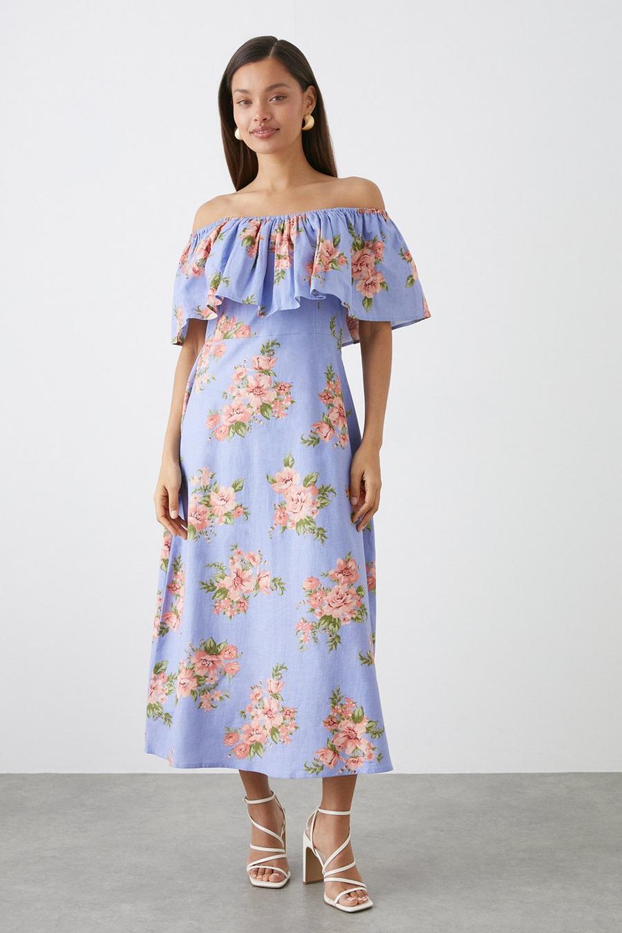 Petite Blue Floral Bardot Midi Dress
