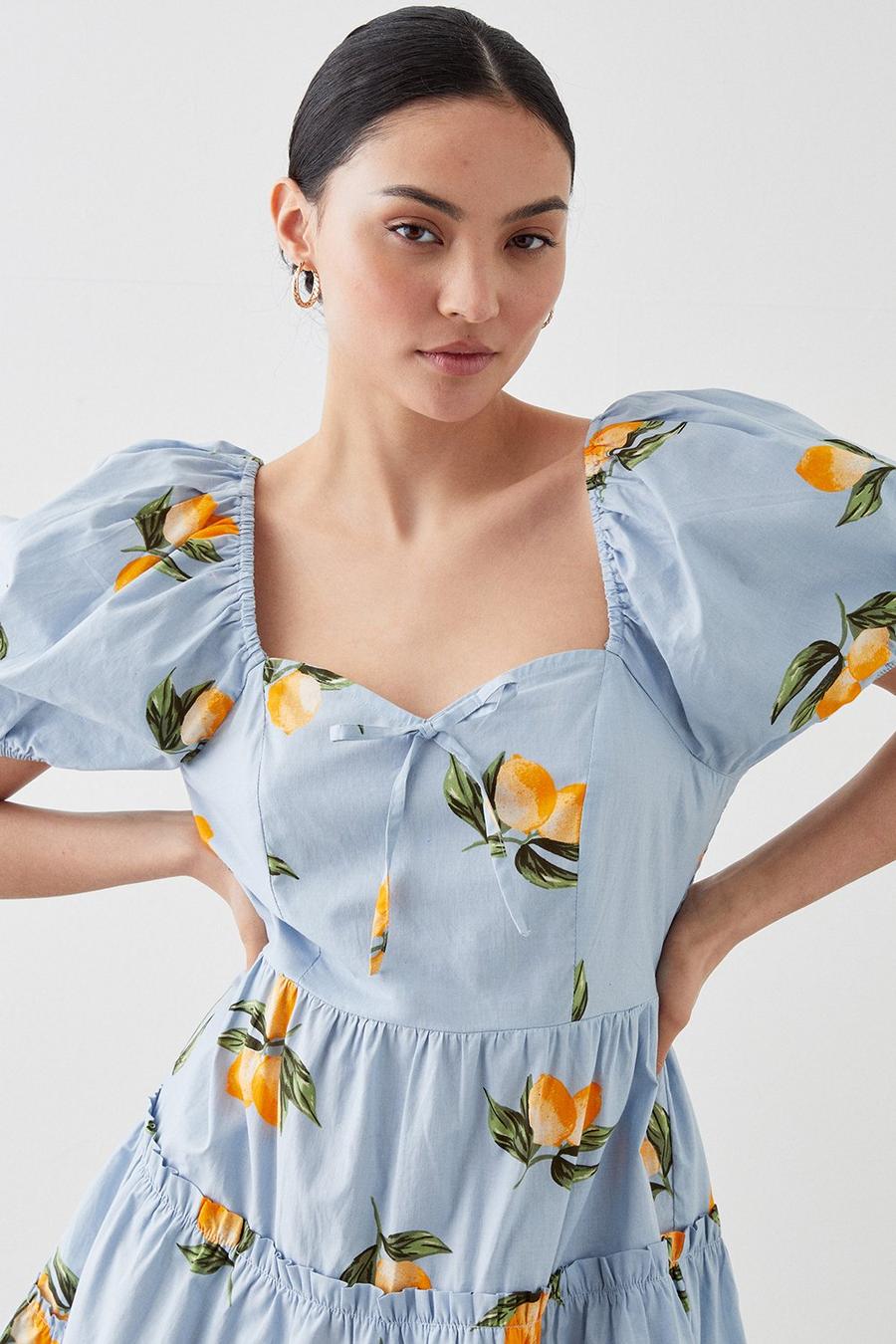 Petite Lemon Print Ruffle Mini Dress