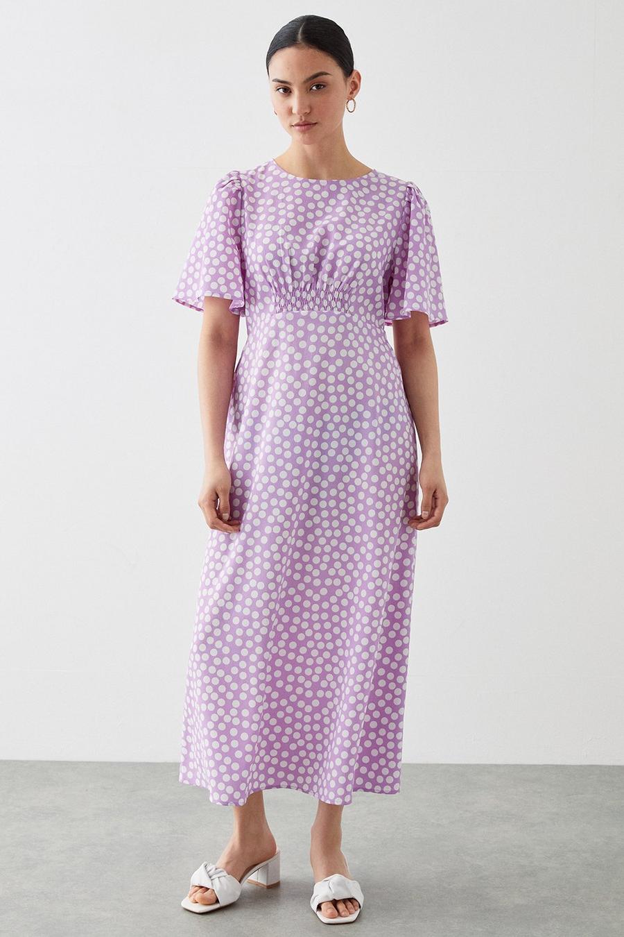 Petite Lilac Spot Flutter Sleeve Shirred Waist Midi Dress