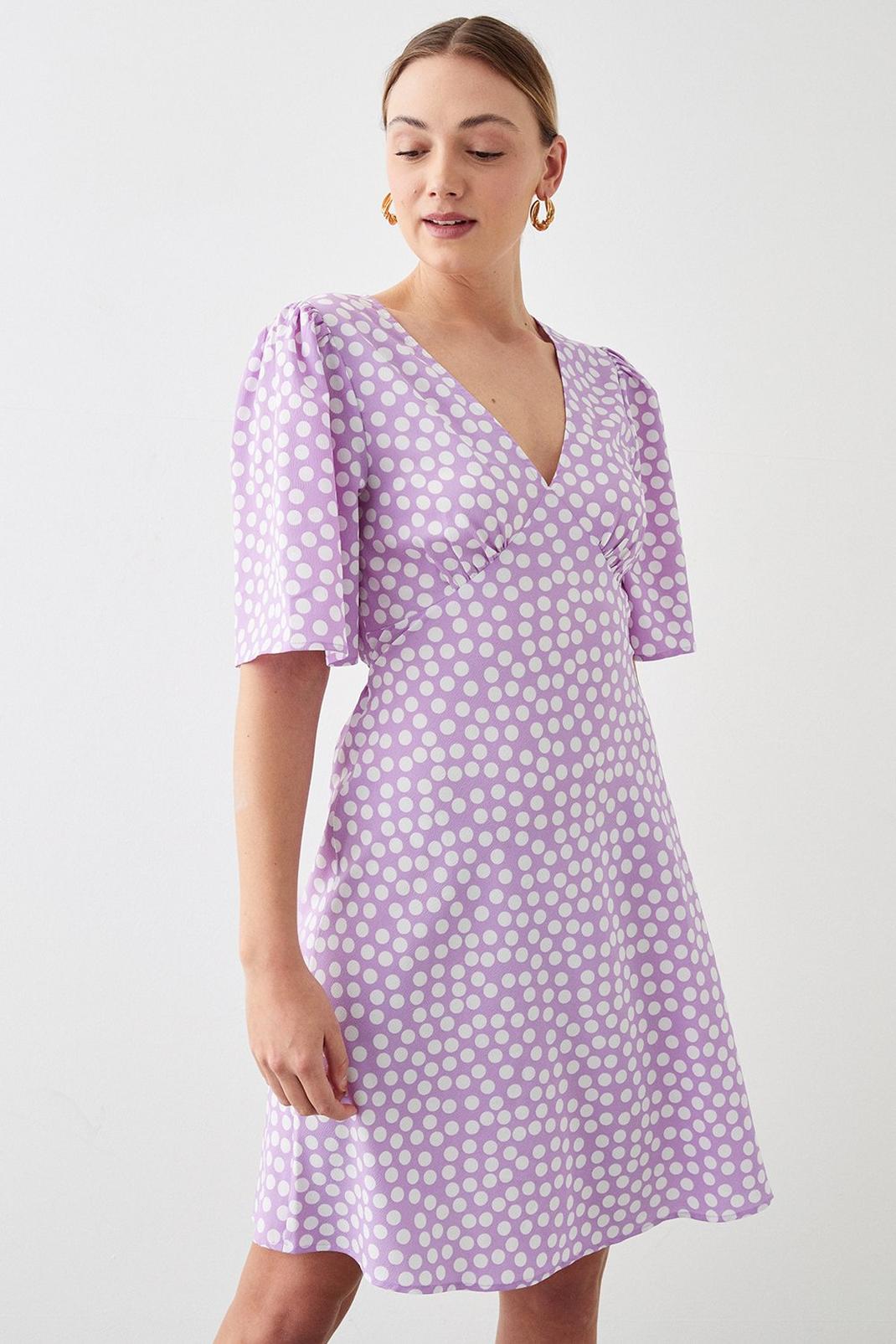 Tall Lilac Spot Flutter Sleeve Mini Dress image number 1
