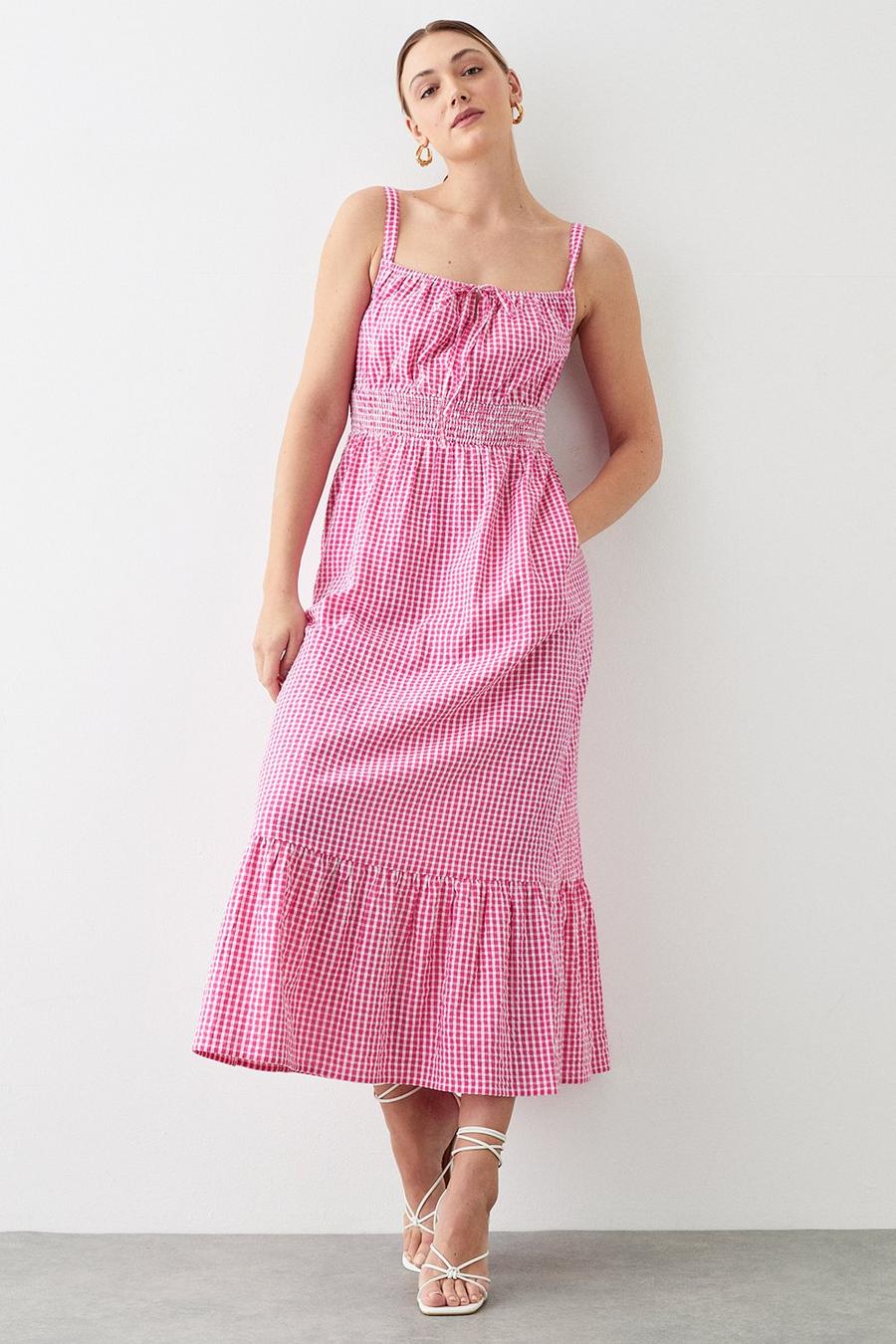 Tall Pink Gingham Shirred Waist Strappy Midi Dress
