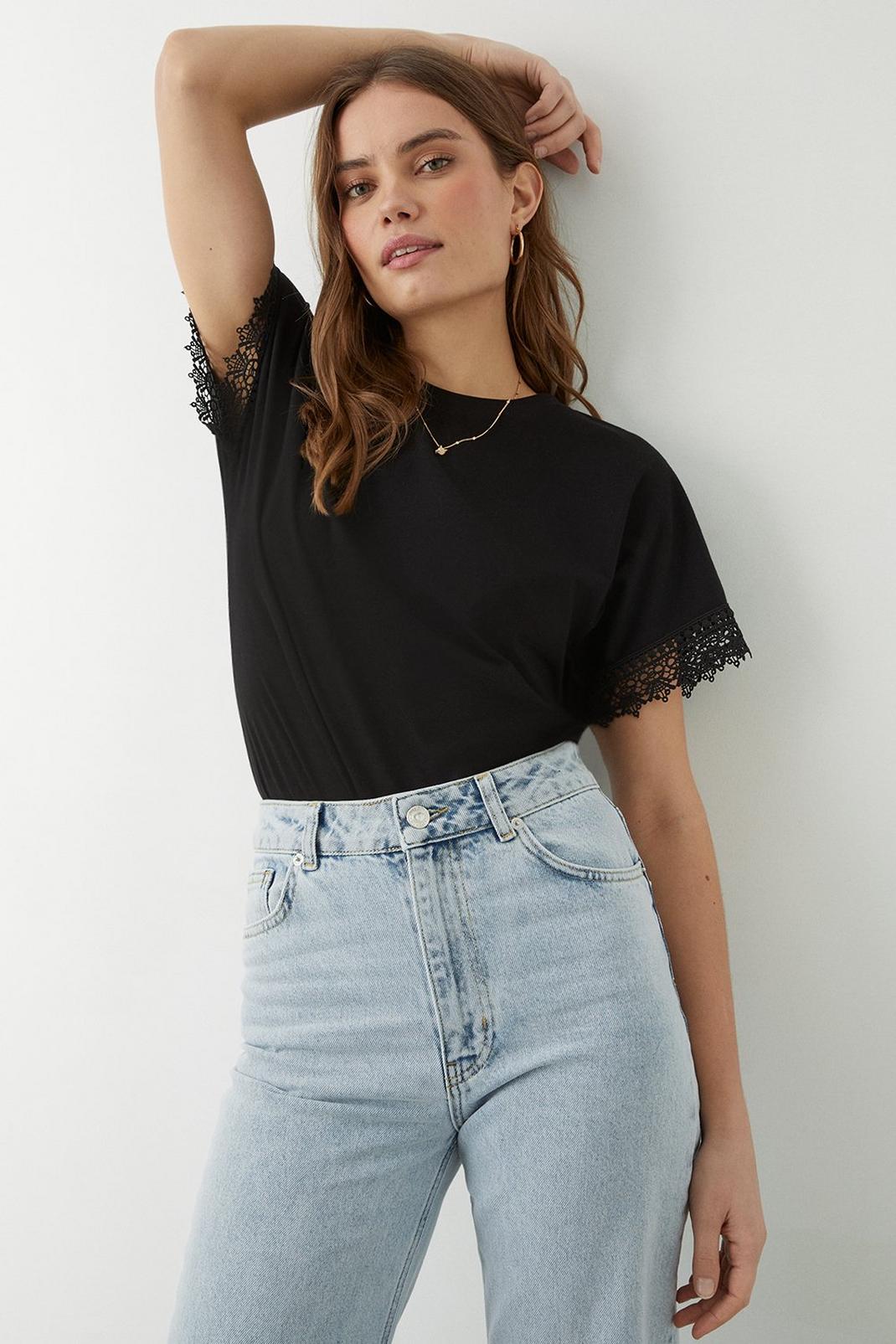 Black Lace Trim Roll Sleeve T-Shirt image number 1