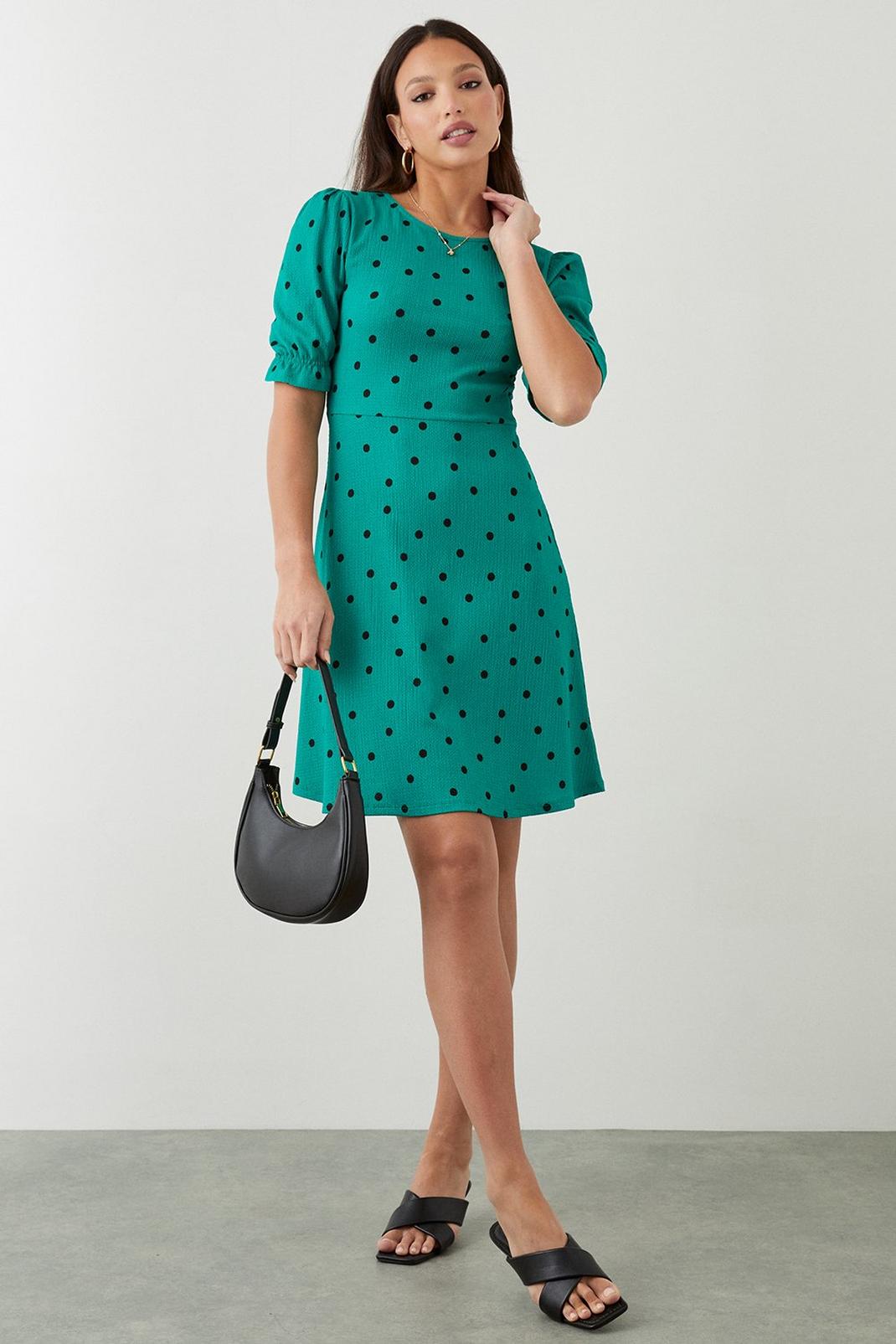 Green Tall Spot Short Sleeve Mini Dress image number 1