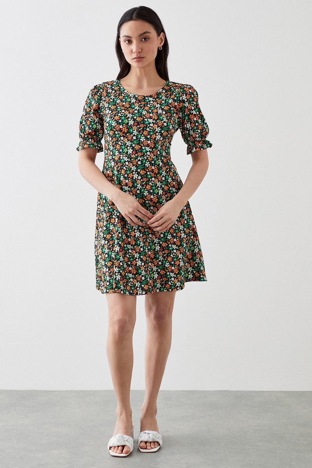 Multi Petite Ditsy Floral Short Sleeve Mini Dress image number 1