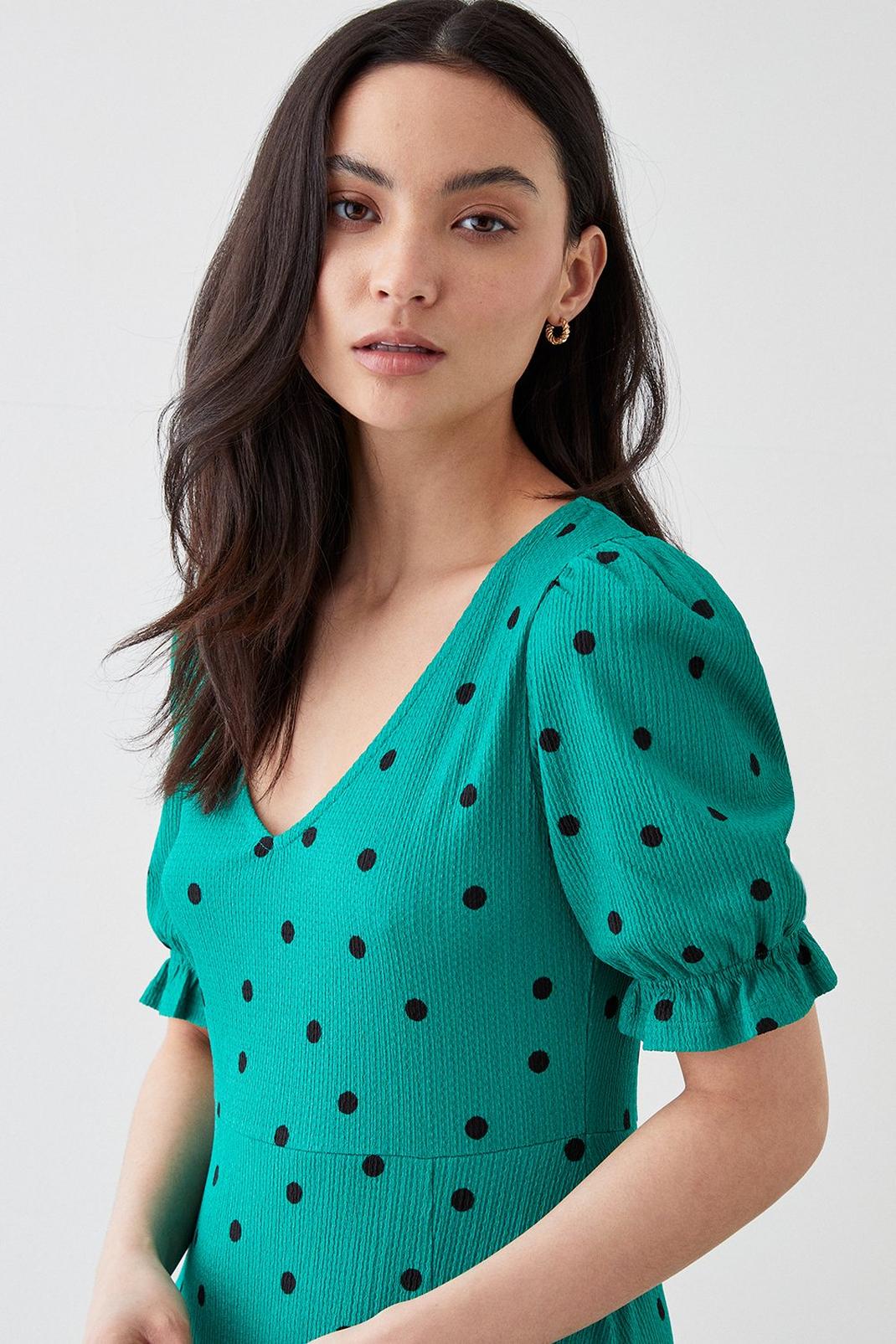 Green Petite Spot Short Sleeve V Neck Midi Dress image number 1