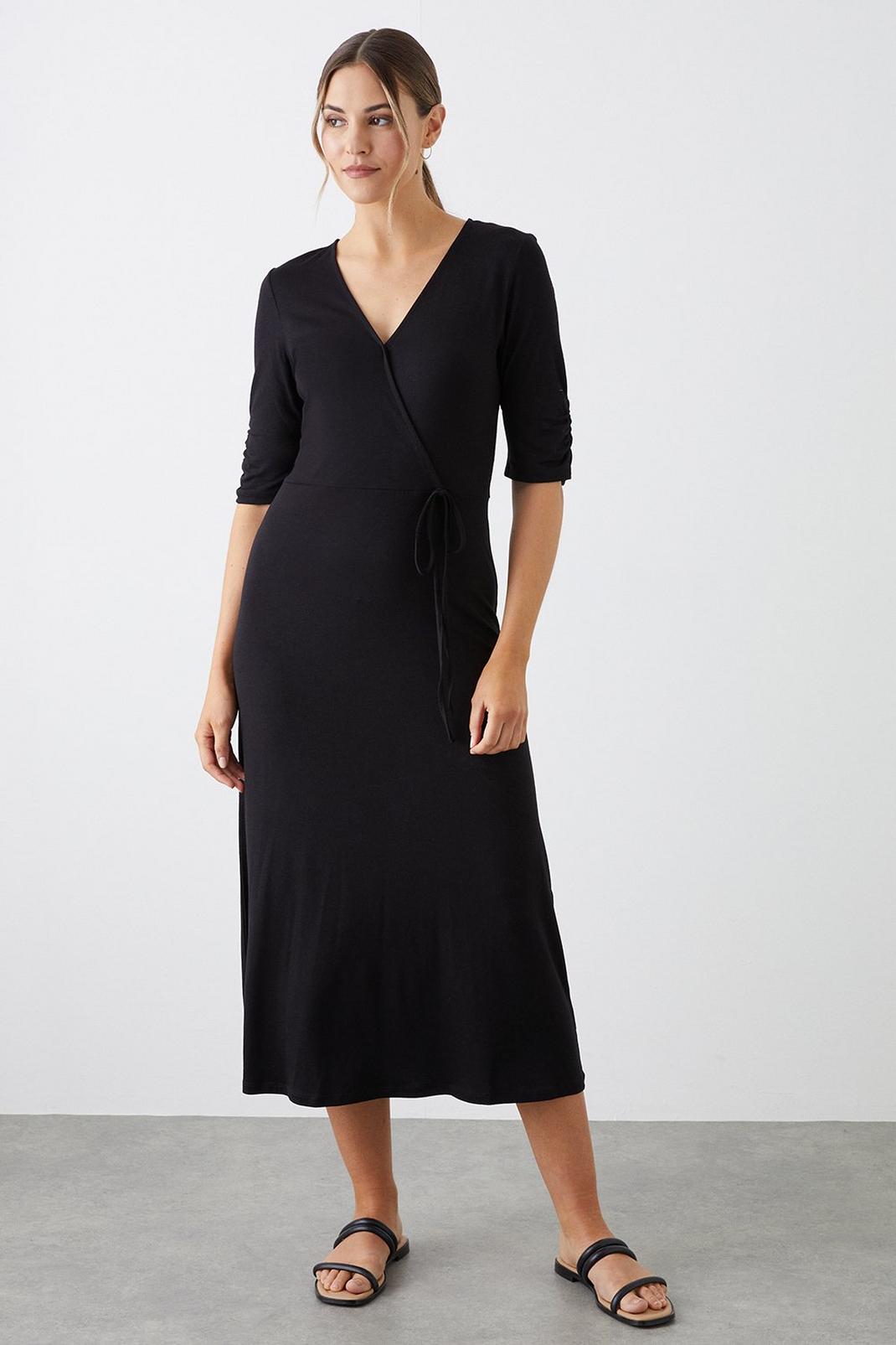 Black Ruched Sleeve Wrap Midi Dress image number 1