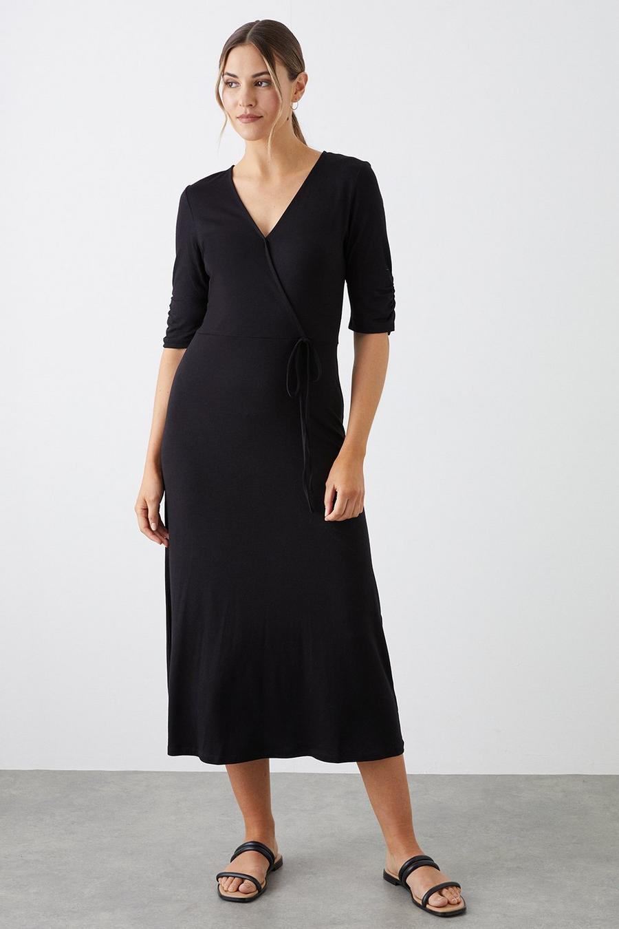 Black Ruched Sleeve Wrap Midi Dress