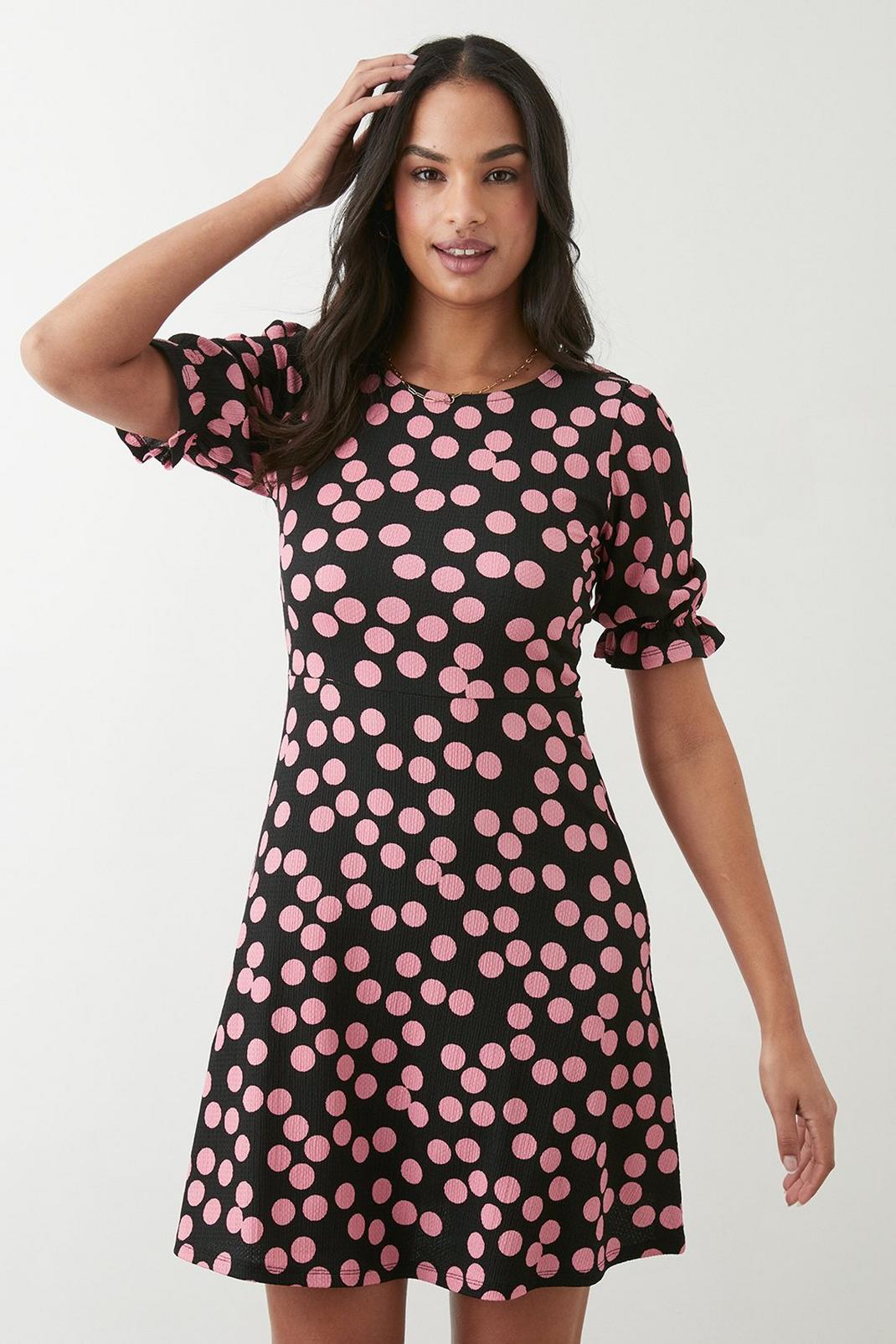 Black Pink Spot Short Sleeve Mini Dress image number 1