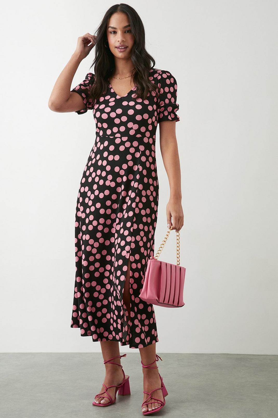 Black Pink Spot Short Sleeve V Neck Midi Dress image number 1