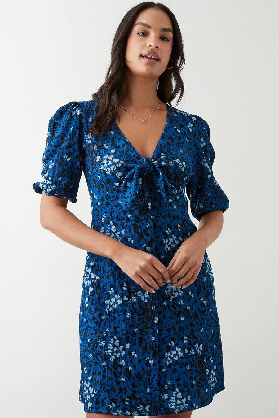 Blue Printed Tie Front Button Through Mini Dress