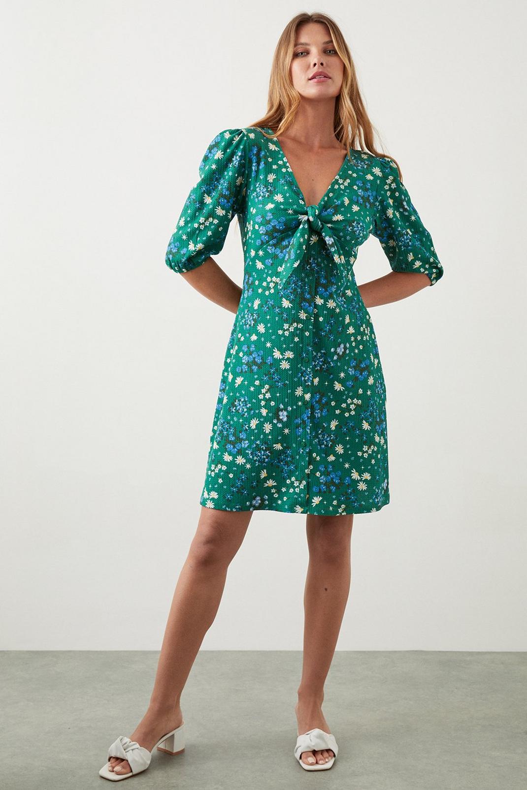 Green Ditsy Tie Front Button Through Mini Dress image number 1