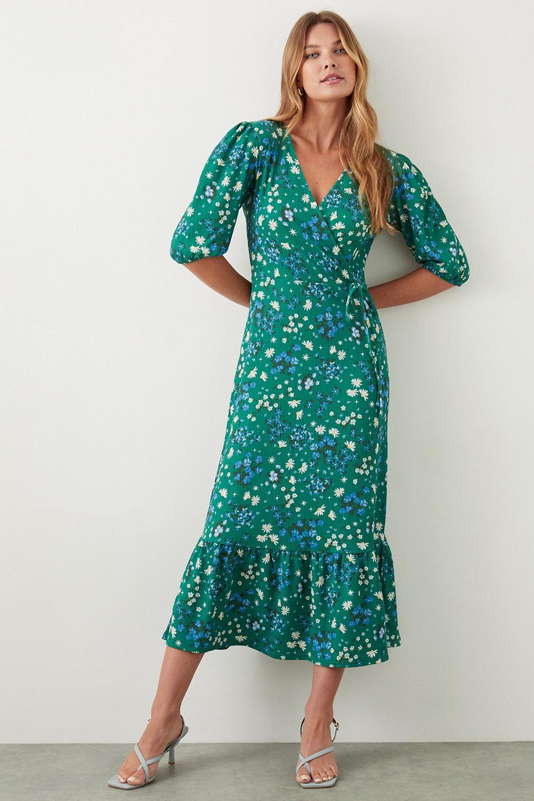 Green Ditsy Puff Sleeve Wrap Midi Dress image number 1