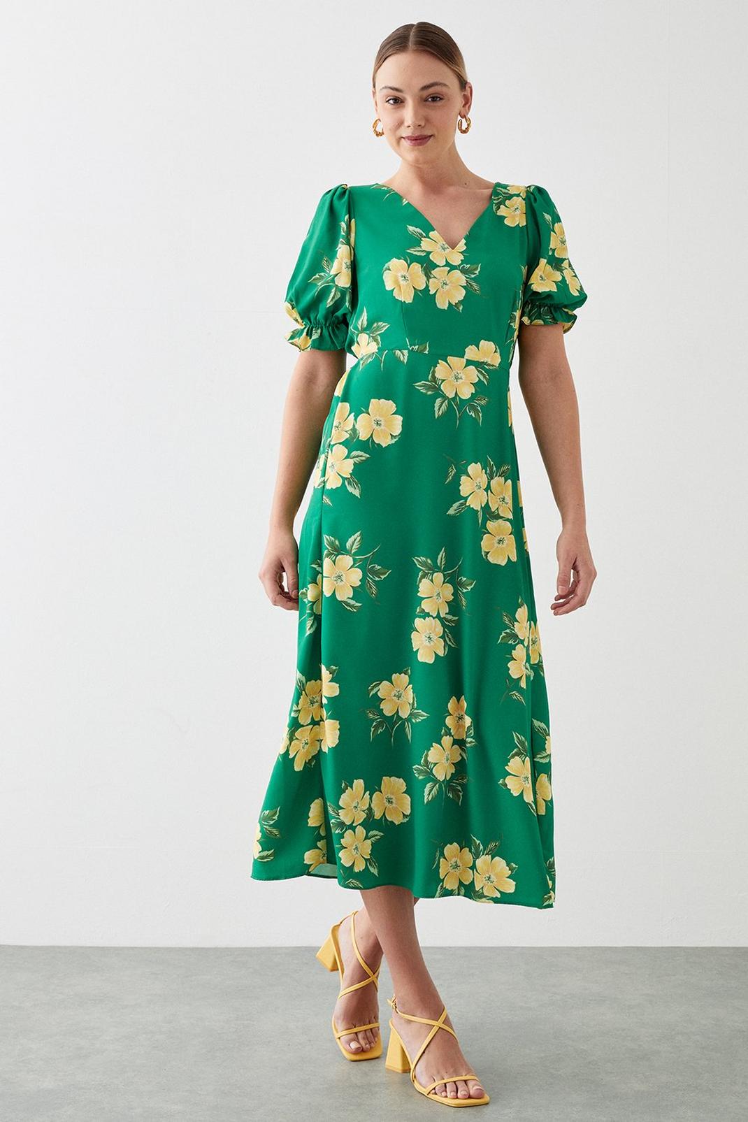 Tall Green Floral Print V Neck Puff Sleeve Midi Dress image number 1