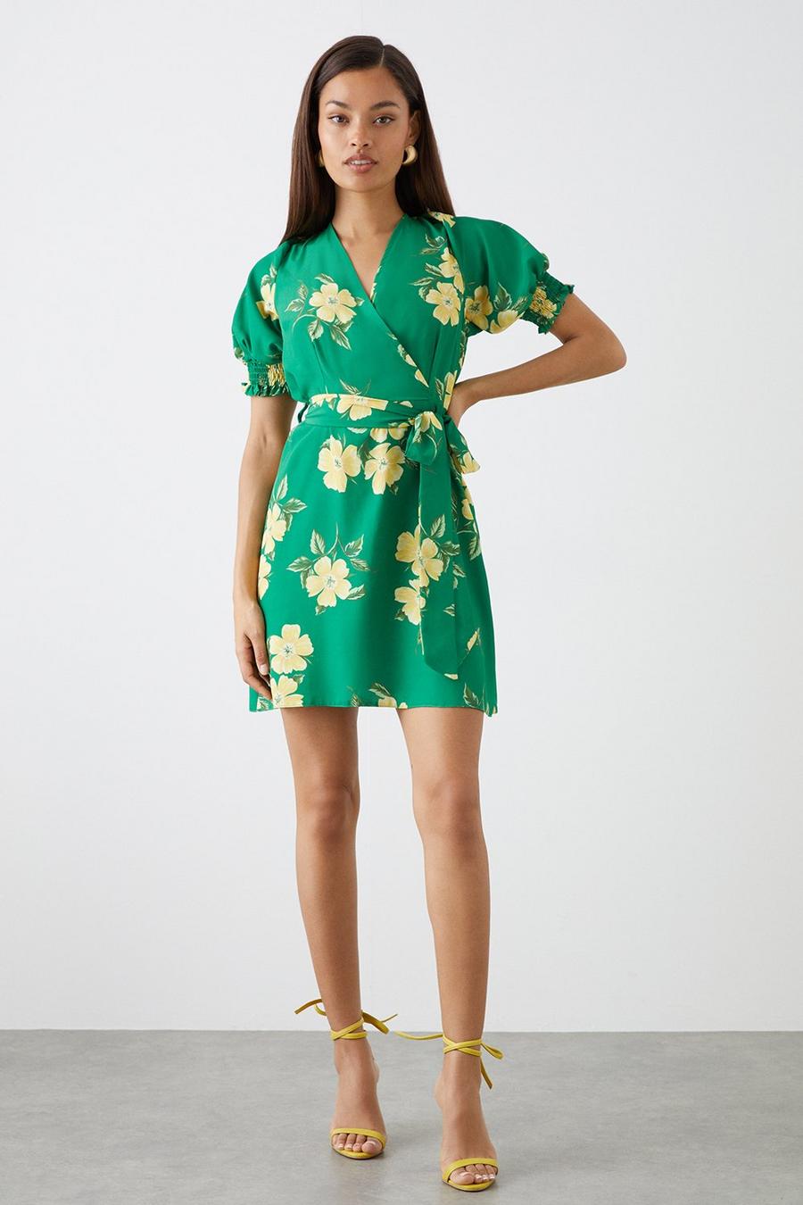 Petite Green Floral Print Shirred Cuff Wrap Mini Dress