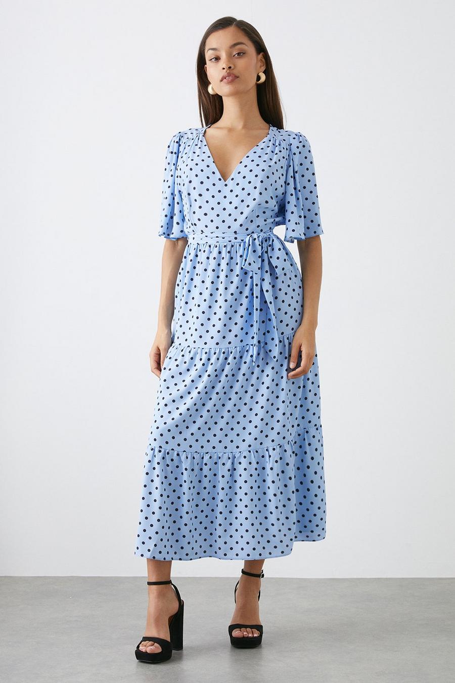 Petite Blue Spot Print Tiered Flutter Sleeve Midi Dress