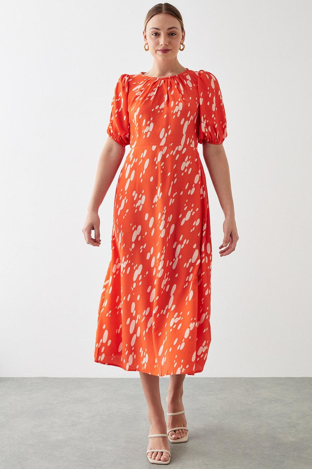 Orange Tall Red Spot Print Puff Sleeve Midi Dress image number 1