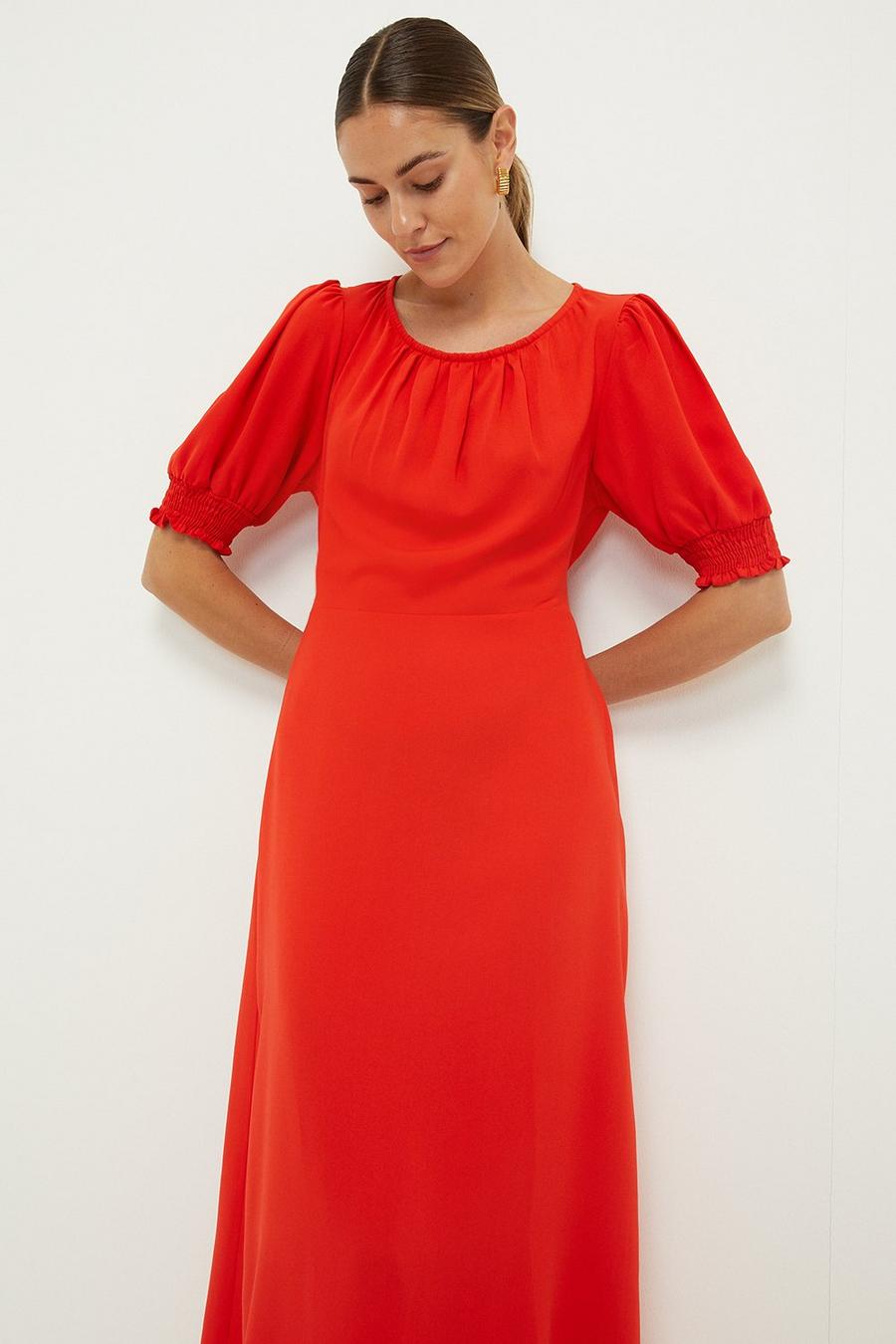 Red Shirred Cuff Midi Dress