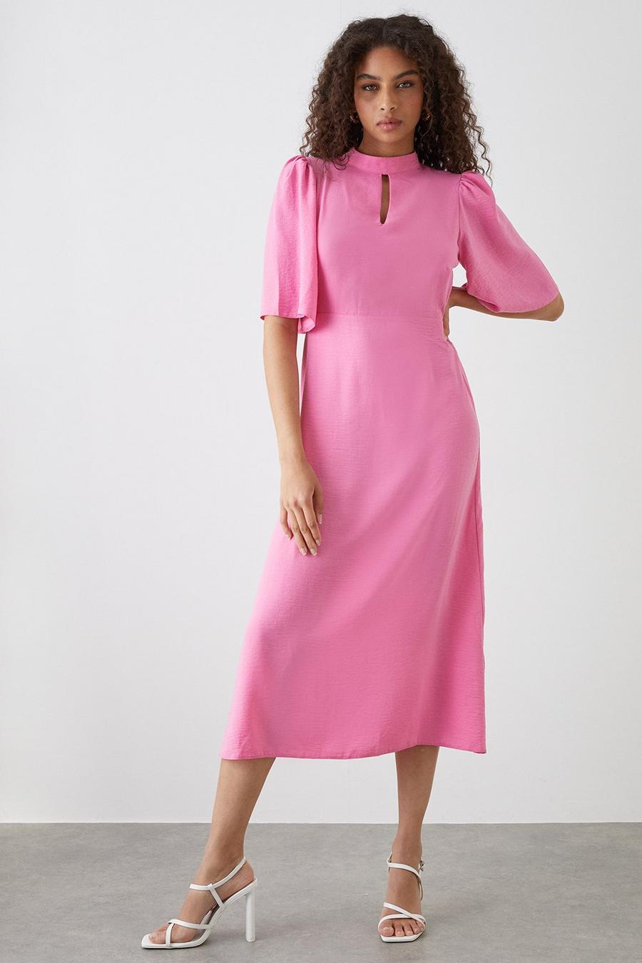 Pink Flutter Sleeve Key Hole Midi Dress